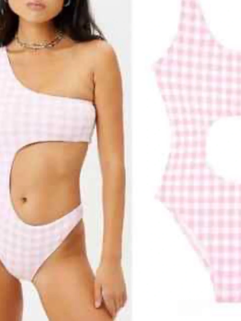 NWOT FRANKIES Bikinis cash one piece one shoulder in pink picnic gingham size S
